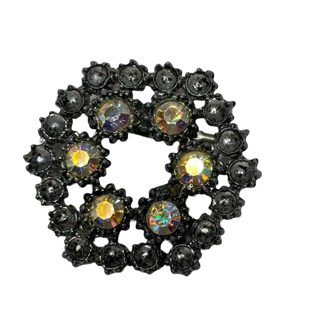 Vintage Silver Tone AB Crystal Rhinestone Hexagon Brooch Pin